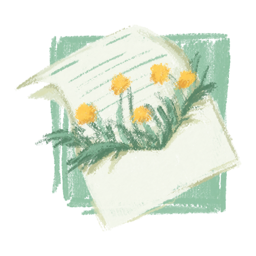 illustration of an open letter with dandelions emerging from the envelope